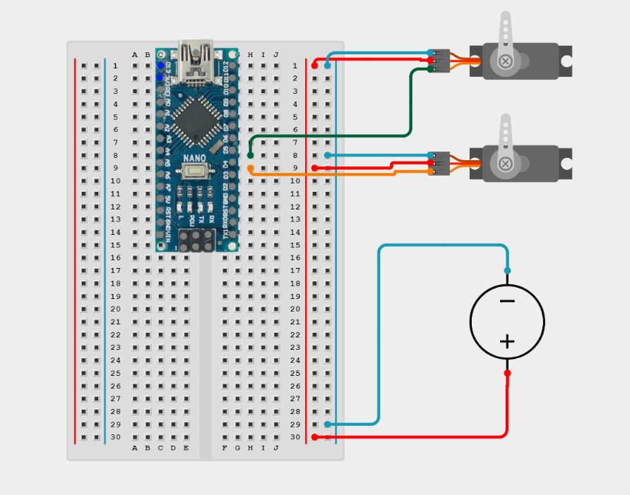 Wiring diagram: Arduino Nano, two MG996R servos, buck converter power rail
