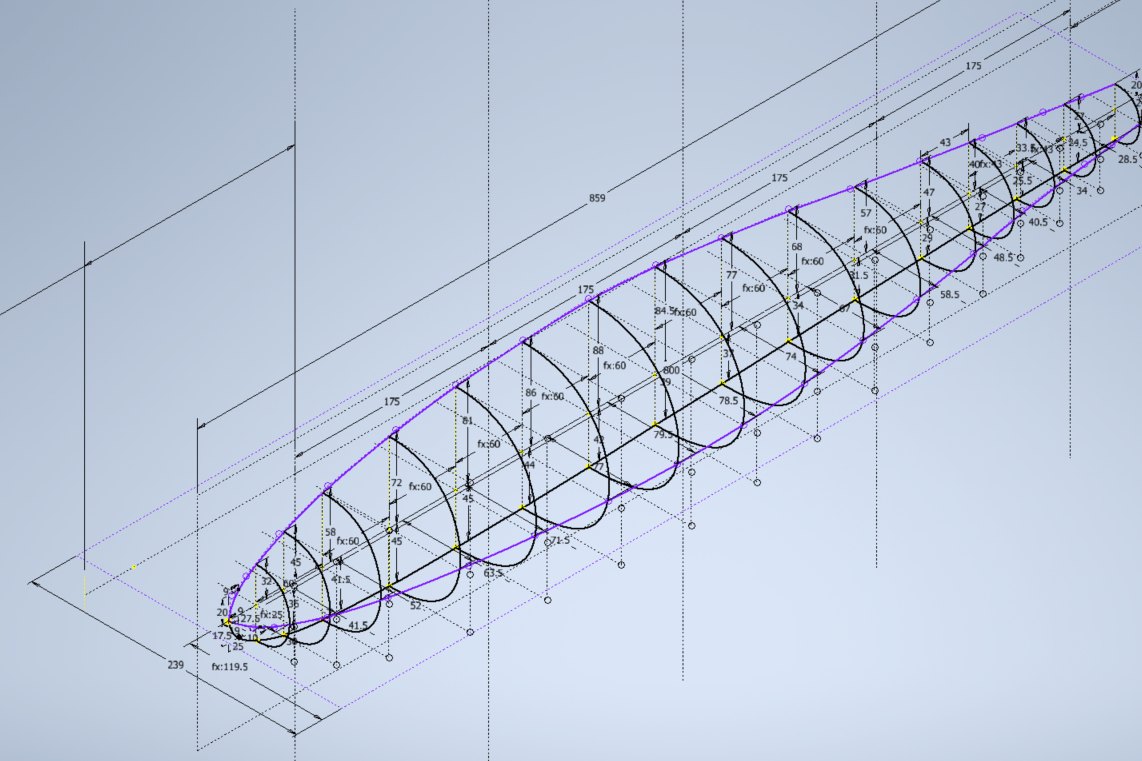CAD wireframe of fuselage cross-sections used to build the monocoque surface