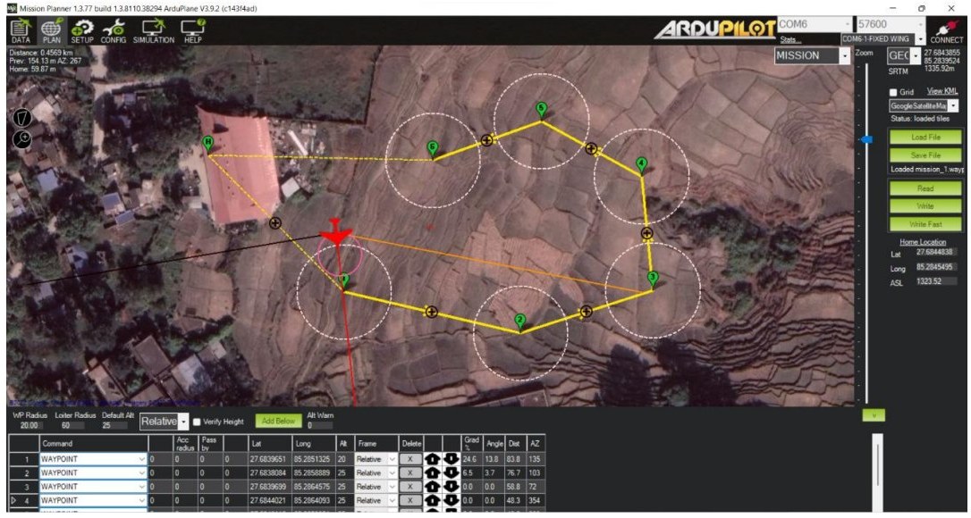 Mission Planner screen with waypoints over satellite imagery