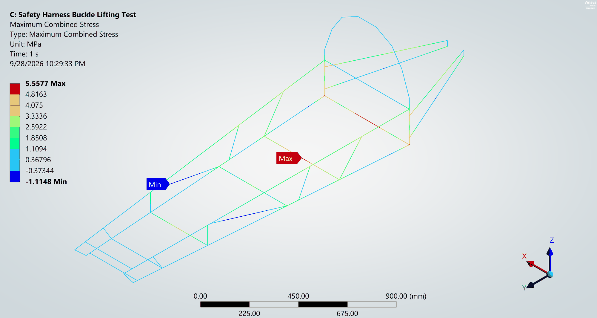 Harness lift: maximum combined stress, peak 5.56 MPa