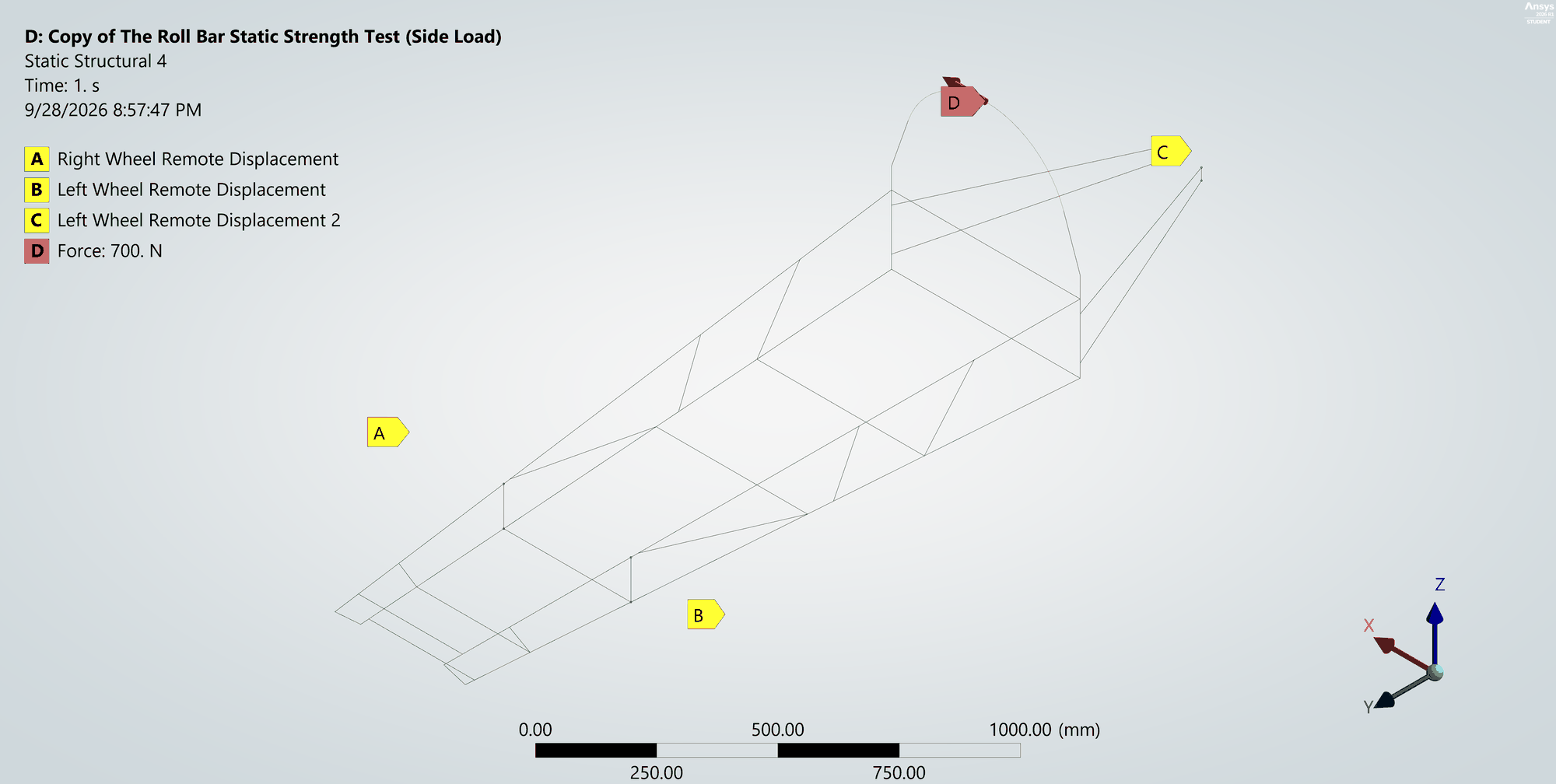 Roll bar side load setup: 700 N lateral on the hoop